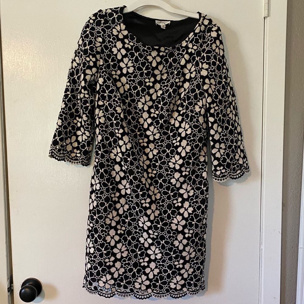 Milly Black & Cream Shift Mini Dress with Lace Flower Design